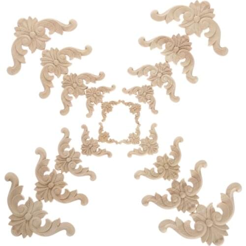 4Pcs 4/6/8/10/12cm Unpainted Wooden Carved Decal Corner Woodcarving Onlay Applique Furniture Cabinet Box Doors Home Decoration