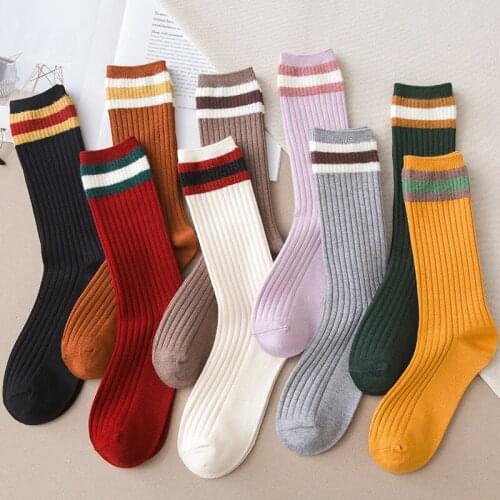Winter Shin Harajuku Retro Womens High Quality Striped Fashion Cotton Long Casual Socks 5 Pair