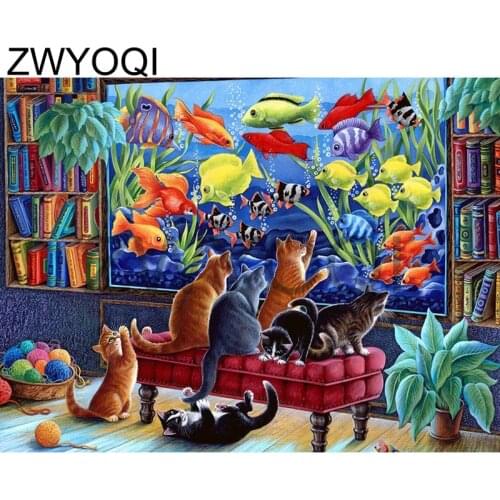 5D DIY Diamond painting cat fishFull Round Diamond mosaic cat fish Full Square Diamond embroidery Cross stitch cat fish bookcase
