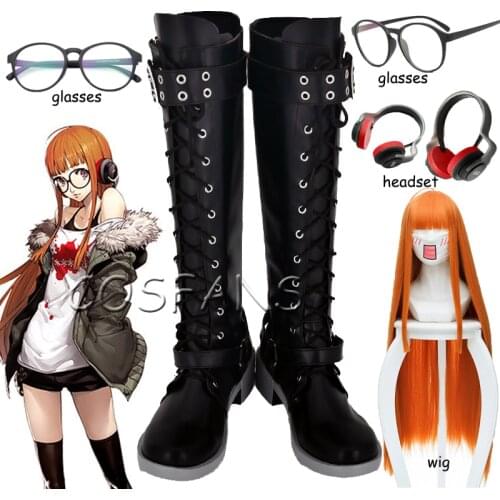 Anime Persona 5 Sakura Futaba Wig Games Customize Cosplay Flat Shoes Boots Wig glasses and earphones Halloween Cosplay Props