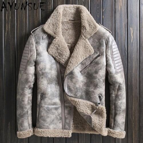 AYUNSUE Winter Jacket Mens Genuine Sheep Shearling Jacket for Men Clothing Hat Detachable Motorcycle Coat Ropa De Hombre LXR1072