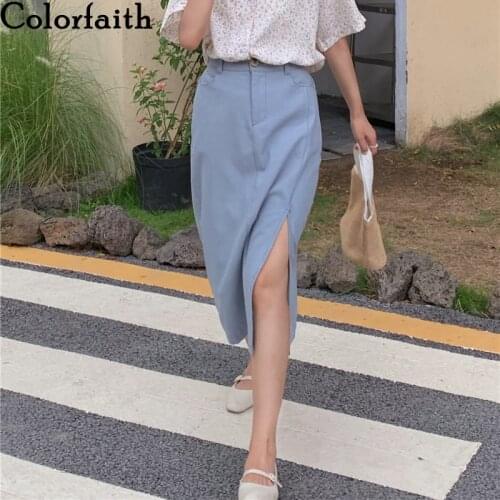 Colorfaith New 2021 Womens Skirts Summer Autumn A-Line Vintage High Waist Split Sexy Fashion Pockets Wild Long Skirts SK9211