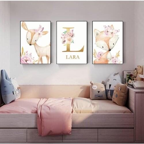 Woodland Animal Print Nursery Canvas Painting Custom Name Wall Art Pink Flowers Poster Nordic Wall Pictures Girl Baby Room Decor