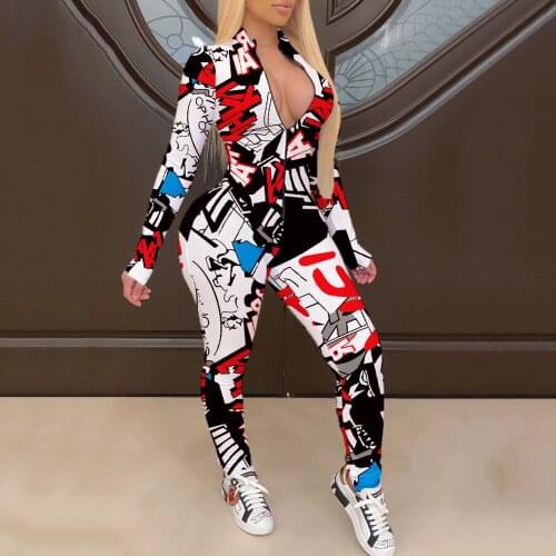 Graffiti Printed Sexy One Piece Overall Woman Zipper Front Full Sleeve Fitness Jumpsuit Hipster Girls Party Clubwear Bodysuits