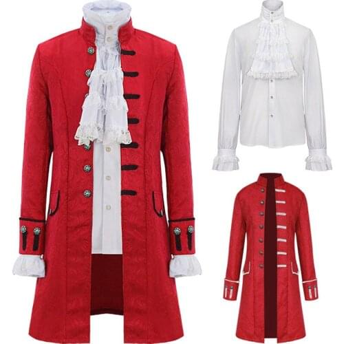 Halloween Cosplay Costume Steampunk Trench Coat Plus Size 4XL Shirt Set Men Renaissance Victorian Retro Prince Overcoat Jacket
