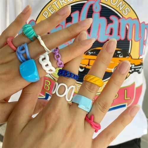 Summer Fashion Colorful Dripping Oil Geometric Chain Open Ring For Women Girls Candy Color Hand-painted Knuckle Rings Jewelry