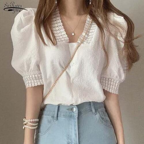 Summer 2021 New V-neck Single-row Button-down Pleated Tops Lace Ins Super-hot Retro Bubble Sleeves Lace Shirt Girl Retro 13659