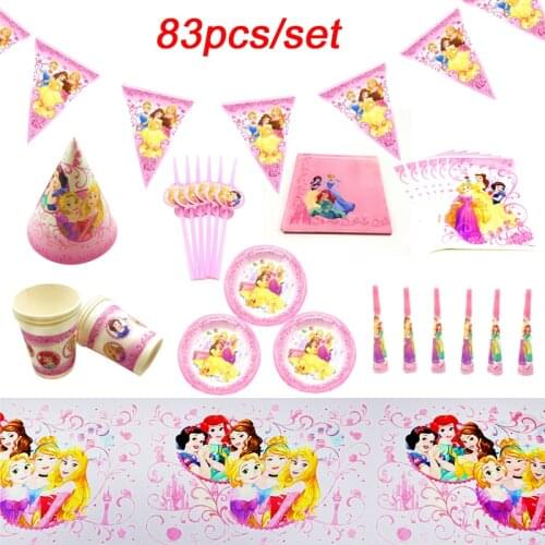 Disney Six Princess Belle Theme Design 83Pcs/Lot Disposable Tableware Sets Girls Birthday Party Theme Party Decoration Supplies