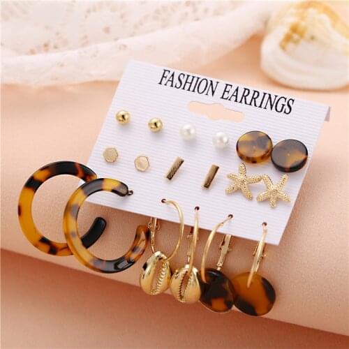Boho Vintage Leopard Print Tortoise Shell Acrylic Earrings Set Mixed Round Bar Starfish Geometric Earrings Drop Earrings