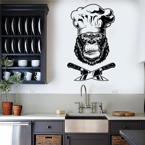 Gorilla Chef Knife Wall Sticker Kitchen Resturant Chimpanzee Head Wall Decal Dinning Room Vinyl Animal Home Decor