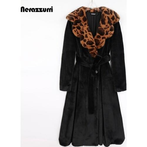 Nerazzurri Winter Long Warm Skirted Fluffy Black Faux Fur Coat Women with Leopard Print Collar Elegant Luxury Retro Fashion 2021