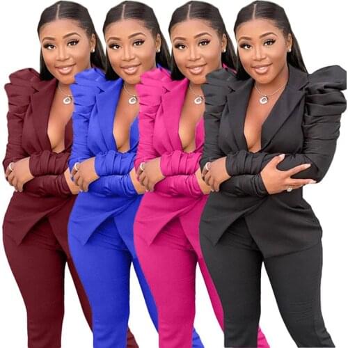 OEM ODM Sexy Ladies Club Suit Deep V Neck Bubble Sleeve Solid Tops Bell Bottoms Plus Size Women Two Piece Set