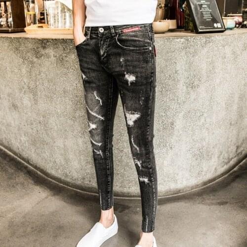 Wholesale 2020 Fashion Social people teenagers Denim jeans pants mens spirit guy skinny pants autumn ripped pencil pants