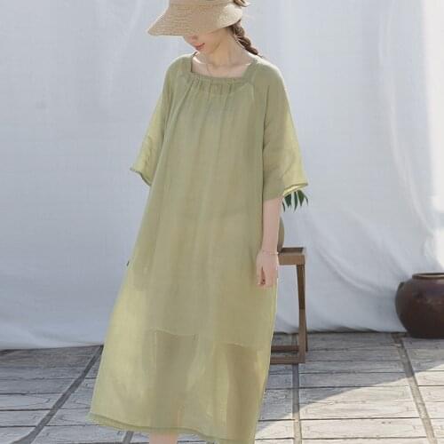 SCUWLINEN 2021 Vestidos Women Spring Summer Dress Solid Square Collar Half-sleeve Thin Loose Ramie Dresses Long Beach Dress S990
