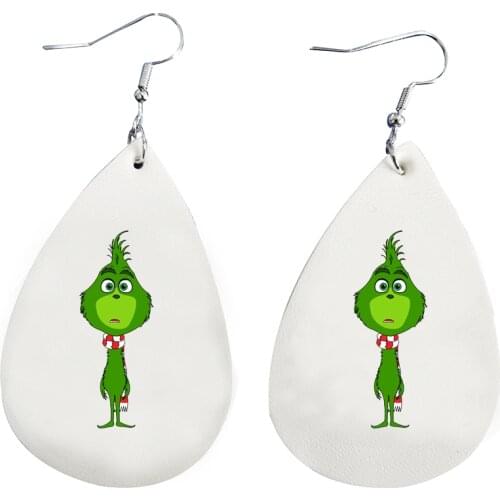 Grinch earrings christmas faux leather two layers glitter thanks giving gift double print bulk order