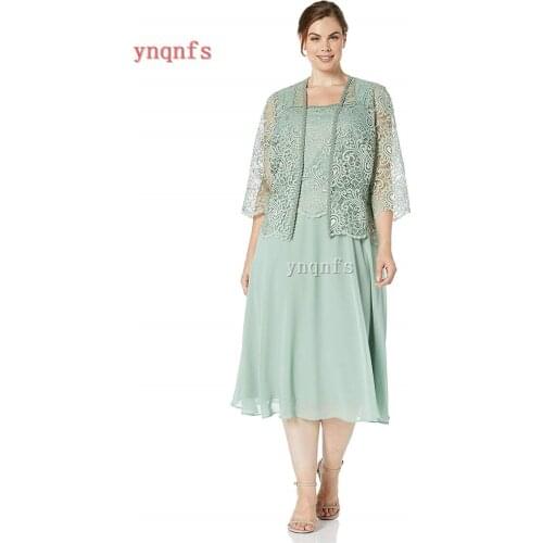 YNQNFS MS01 Light green lace knee length brides mother wearing sheer 3/4 sleeve long jacket mother wearing formal gown