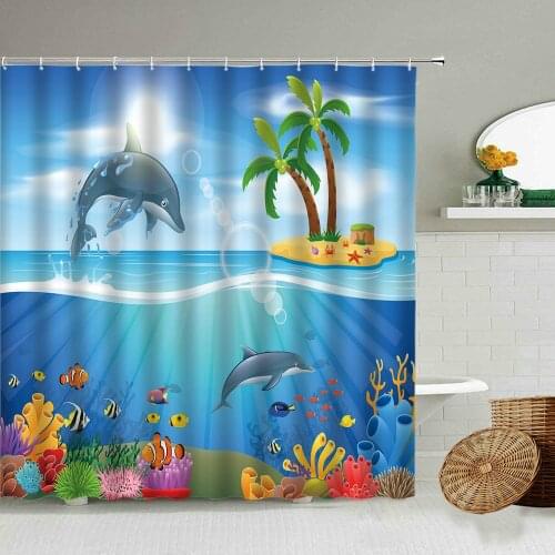 Cartoon Blue Tropical Ocean Shower Curtain Cute Dolphin Whale Coral Reef Child Bathroom Accessories With Hook Waterproof Screen