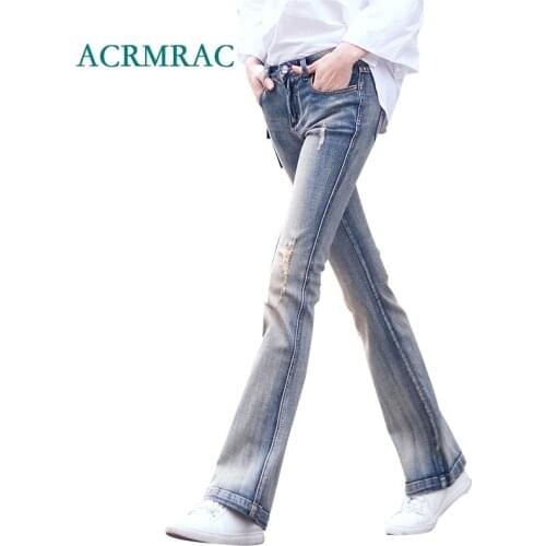 ACRMRAC Womens jeans New 2018 Spring and autumn Slim Solid color Holes Retro color Middle waist Skinny Flare Pants Full Length