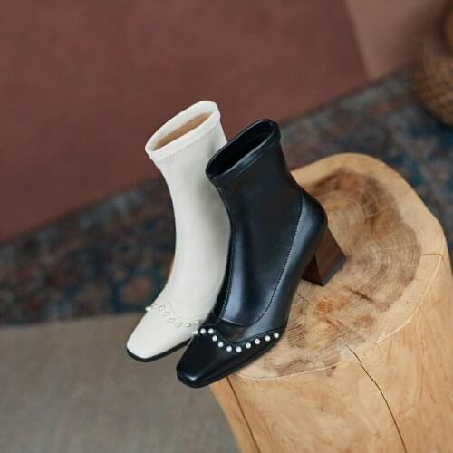 2021 Leather Women Ankle Boots Sock Boots Autumn Party Short Boots Mid Heeled