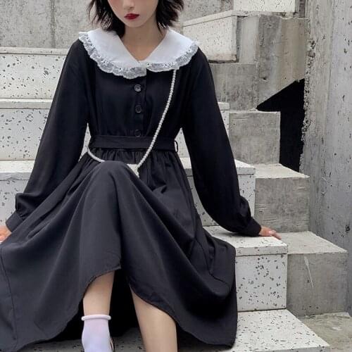 Women Elegant Peter Pan Collar Long Sleeve Lace Up Dark Style Long Dress Vintage Students High Waist Casual Dresses Vestidos