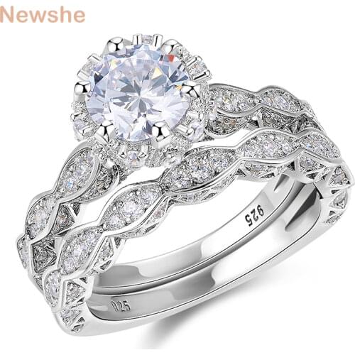 Newshe 2.6Ct White Round Cut AAAAA CZ Vintage Wedding Ring Set Genuine 925 Sterling Silver Engagement Rings For Women JR4891