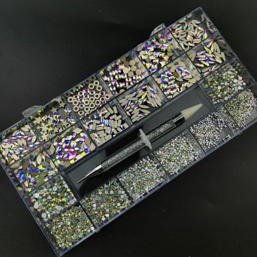 21 Grid Boxed Nail Art Rhinestones Set Crystals Stones For Nail Decoration Design and SS4-SS20 Rhinestones with Nail pen