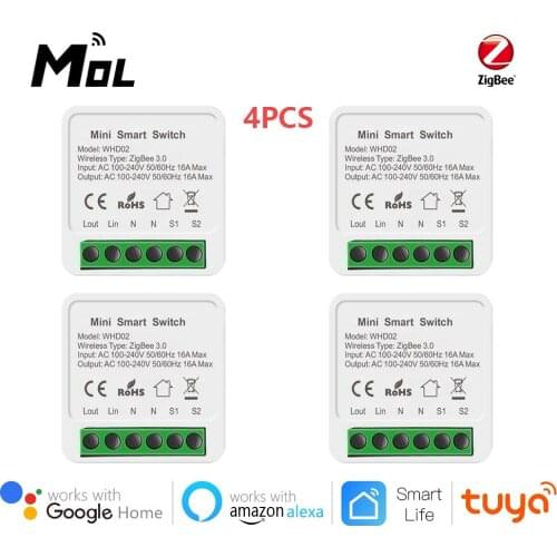 4pcs Tuya ZigBee 3.0 16A Mini Smart Wifi DIY Switch Supports 2 Way Control, Smart Home Automation Module,Works with Alexa Google