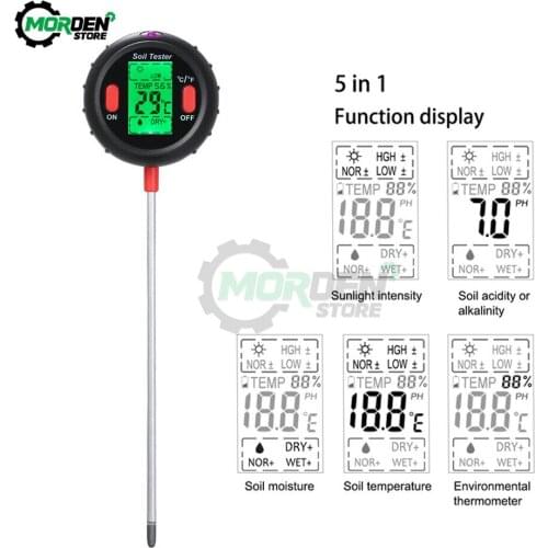 5 in 1 Soil PH Meter Digital Soil Water Moisture Monitor Meter Emperature Sunlight Intensity Measurement Analysis Acidity Alkali