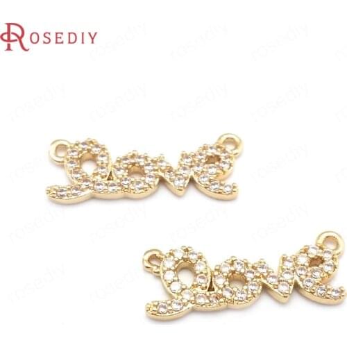 40659)6PCS 24K Champagne Gold Color Brass and Zircon 2 Holes LOVE Connect Charms Pendants Jewelry Making Supplies Diy Findings