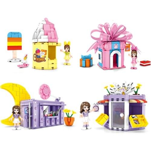 695Pcs City Street View Educational Building Blocks DIY Toys For Kids 604008-11 Ice Cream Candy Flower Shop Models Small Bricks