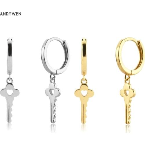 ANDYWEN 925 Sterling Silver Gold Key Pendiente Drop Earring Clips Hoops Earring Piercing Pendiente Luxury Jewelry Party Luxury