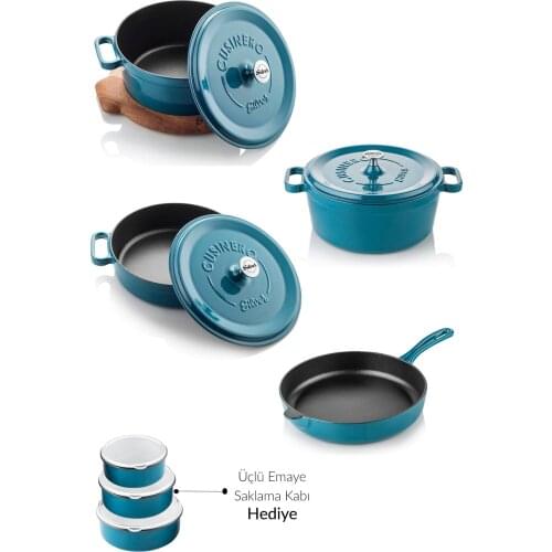 Cast Iron Pot and Pan Set 14 Pcs Petrol Blue