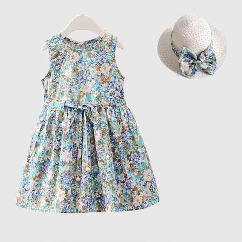 Baby Girls Sleeveless Flower Print Dresses With Hat Clothes Kids Summer Princess Dress Children Kids Girls Clothes 2-7 Years Old