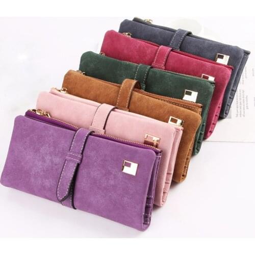 Famous Brand Long Purse Two Fold Women Wallets Drawstring Nubuck Leather Zipper Suede Wallet Ladies carteira Feminina Clutch Bag