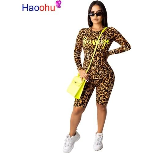 HAOOHU Leopard Letter Print Elegant Women set Tracksuit Long Sleeve T-shirt Knee Length Pants Suit Sporty Two Piece Set Outfits