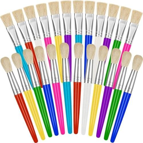 Toddler Paint Brushes 24 Pack, Hog Bristle Round and Flat Preschool Paint Brushes for Washable Paint Acrylic Paint