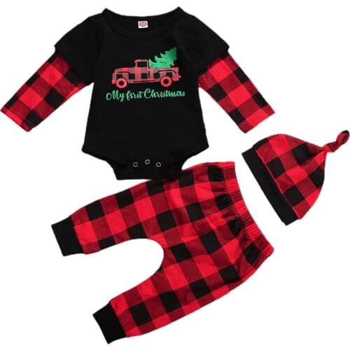 3Pcs Newborn Plaid Outfits Infant Toddler Baby Girls Boys Round Neck Letter Romper Elastic Trousers Beanie Christmas Set 0-12M