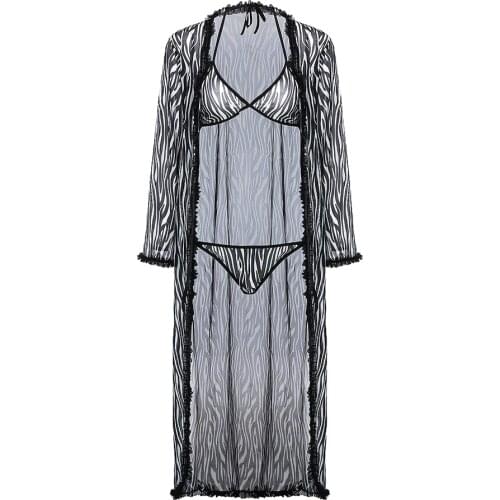 Zebra Pattern Contrast Trim Robe and Bra Set Casual Sleepwear Mesh Nightwear Elegant Lingerie Spa Bathrobe
