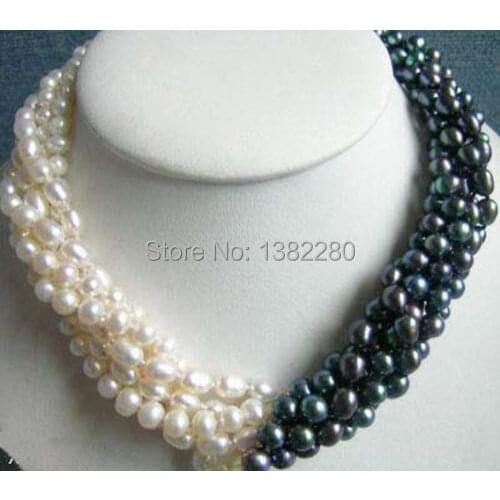 ! fashion jewelry 5rows 7-8mm white & black Akoya Cultured Pearl necklace 2 piece/lot fashion jewelry JT5586