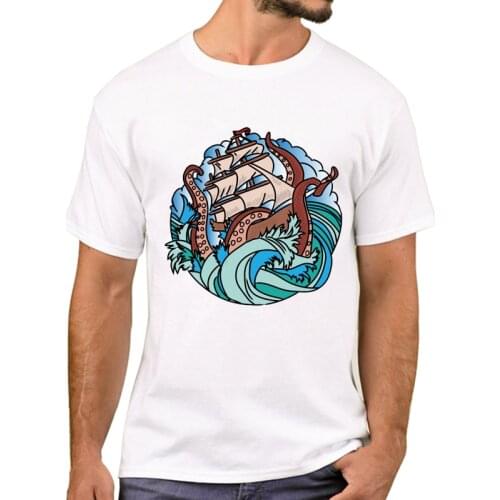 TEEHUB Hipster Ostopus Battle with Ship Men T-Shirt Funny Kraken Printed T Shirts Short Sleeve Tshirts Cool Tee