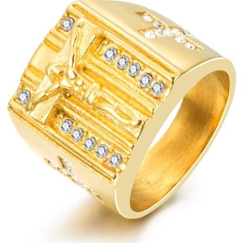Monla AAA Crystal Cubic Zirconia Jesus Cross Rings For Men Gold-color 316L Stainless Steel Wedding Bands German US Size