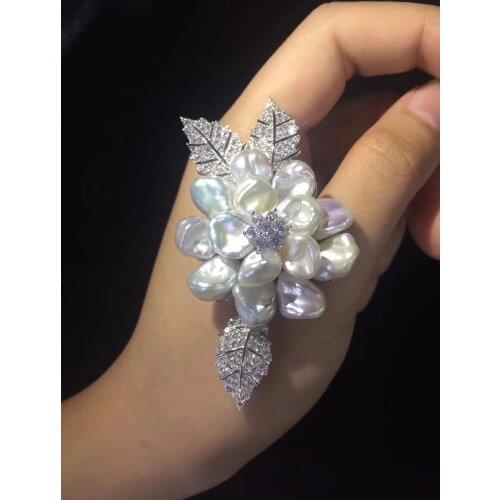 Natural fresh water pearl flower brooch 925 sterling silver fine women jewelry free shipping
