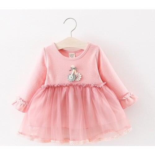 2019 Baby girls new spring dress clothing children cute long sleeves flower cotton mesh Dress for girls 1-2 Years