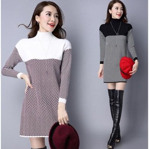 Womens turtleneck cashmere sweater dress fashion striped thick long sweater female elegant contrast colors warm knit dresses