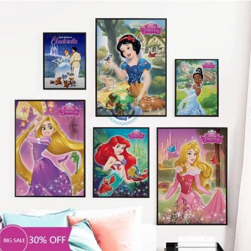 Disney Anime Princess Prince Cartoon Poster Canvas Painting Snow White Tiana Cinderella Wall Art Pictures Living Room Home Decor