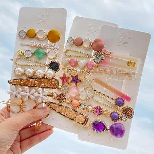 Handmade Pearls Hair Clips Pin For Women Fashion Geometric Flower Barrettes Headwear Girls Sweet Top Clip Crystal Accessorie