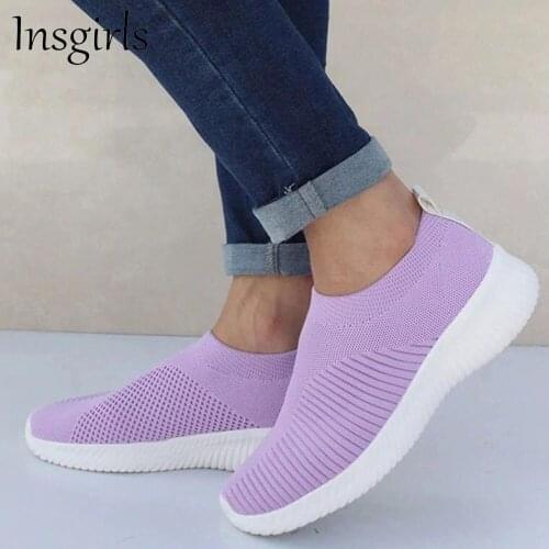 New Sport Shoes Women 2021 All Season Daily Stretch Fabric Ladies Slip On Breathable Sneakers 35-43 Large-Sized Flats Loafers