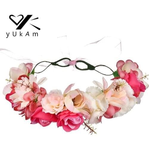YUKAM Women Girls Party Wedding Hair Accessories Artificial Flower Hairband Handmade Fabric Flower Wreath Garland Crown Headband
