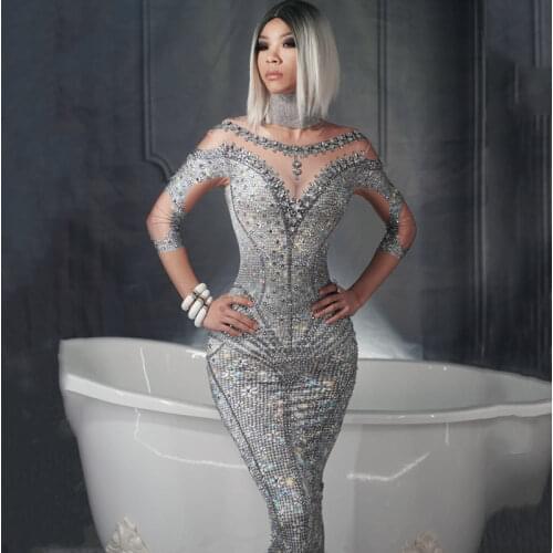 Stylish Sparkly Rhinestones Tights Dress Elastic Skinny Long Dress Birthday Party Women Singer Performance Stage Costume Dresses