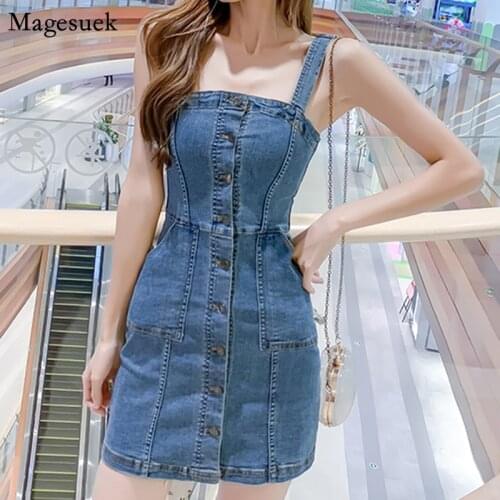 Korean Vintage Spaghetti Strap Denim Dress Women Sexy Summer Dresses Party Vintage Jeans Blue Button Mini Dress Vestidos 13349